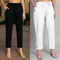 Pack of 2 Women Straight Fit White, Black Pure Cotton Trousers-image-60