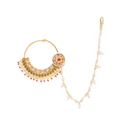 JEWELS GEHNA Red & Green Gold-Plated CZ-Studded & Beaded Chained Nose Ring image 1