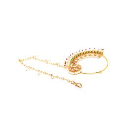 JEWELS GEHNA Red & Green Gold-Plated CZ-Studded & Beaded Chained Nose Ring image 2
