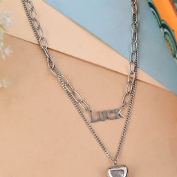 AQUASTREET Women Silver-Toned Luck Engraved with Layered Heart Pendant Necklace Chain-image-30