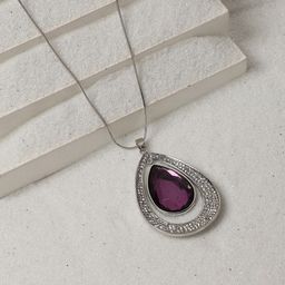 SOHI Silver-Plated Oval-Shaped Artificial Stones Studded Pendants With Chains-6