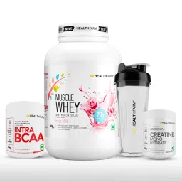 Healthfarm Muscle Whey 2.2lb with Intra BCAA & Creatine Monohydrate Combo,  0.22 lb  Rose Milk, Island Fusion (with Free Shaker) -image-11