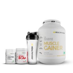 Healthfarm Muscle Gainer 6.6lb with Creatine & Intra BCAA Combo,  0.22 lb  Vanilla, Unflavoured & Island Fusion (with Free Shaker) -image-79