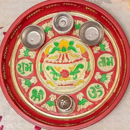 TIED RIBBONS Red Printed Pooja Thali With Attached Incense Diya Tilak Holder-74