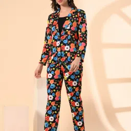 Women Floral Printed Blazer and Pant Set Stylish Black CoOrd Formal Suit for Office Printed Suit-image-1