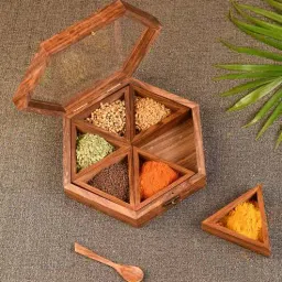 Hexa Brown Colour Sheesham Wood Spice Box by Unravel India-picture-34