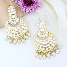 Peora Women Gold-Plated Kundan Studded Crescent Shaped Chandbalis Earrings image 2