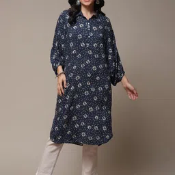 Biba Bandhani Printed Puff Sleeves Shirt Collar Kurta-image-10
