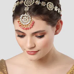 KARATCART Gold-Plated Peach Pearl & White Kundan-Studded Mathapatti-21