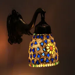 VAGalleryKing White & Blue Printed Bell Shaped Antique Elephant Design Glass Wall Lamp-image-65