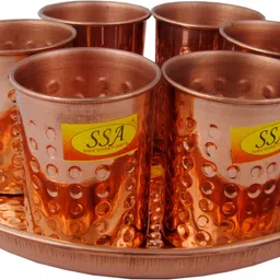 shivshakti arts Pure Copper Glass Set With Plate Serving Purpose - Drinkware - Dinnerware, Tableware (Hammer Design, 7 Glass & 1 Thali Set) Glass Tray Set-picture-14