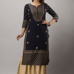 MAUKA Women Navy Blue Ethnic Motifs Printed Kurta with Sharara-picture-19