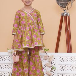 Modish Couture Girls Floral Printed Anarkali V-Neck Angrakha Kurta With Sharara-image-53