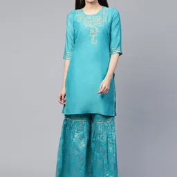RANGMAYEE Women Turquoise Blue & Golden Yoke Design Kurta with Sharara-picture-49