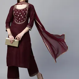 KALINI Women Maroon Embroidered Gotta Patti Kurta with Palazzos & With Dupatta-picture-10
