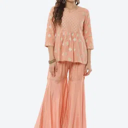 Rangriti Women Peach-Coloured Printed Kurti with Sharara-21