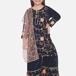 Little Bansi Girls Blue Embroidered Velvet Kurta with Palazzos & With Dupatta-image-34