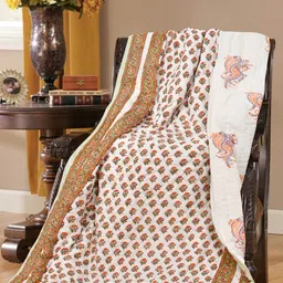 BLOCKS OF INDIA Orange & White Ethnic Motifs Mild Winter 350 GSM Single Bed Quilt-image-62