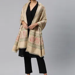 Sangria Beige Ethnic Motifs Women Woven Design Pashmina Shawl-55
