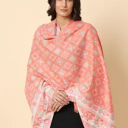 HERE&NOW Peach-Coloured Kaani Ethnic Motifs Woven Design Shawl-image-34