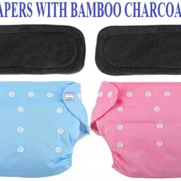Premium Quality Pack of 2 Reusable Adjustable Baby Cloth Diapers Nappy With 2 Bamboo Charcoal Insert Pads(Multi-Layer) For Babies/New Borns/Toddlers(0-12 Months,BP)-19
