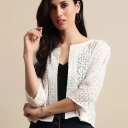 Women Jacket Style 3/4th Sleeve White Shrug-image-20