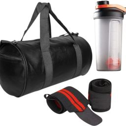 Combo Pack of 3 Gym Shaker Bottle with Gym Bag and Wrist Band Fitness Accessory Kit Kit-image-17
