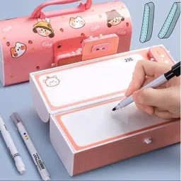 Dual Password Protected Suitcase Type Cute Girl & Animal Face Print Pencil Box With White Board Marker Pen & Mirror Storage Box, RP891 Art Plastic Pencil Box-image-57