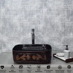 Premium Designer Ceramic Wash Basin(Wooden) with Waste Pipe & Coupling set (12X16X5)(Flower Wooden) Table Top Basin-picture-1