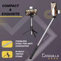 Casewilla R1s Bluetooth Selfie Stick with Remote and LED Selfie Light, 3-in-1 Multifunctional Selfie Stick, Tripod, Monopod Stand & Mobile Stand Compatible with All Phones Bluetooth Selfie Stick image 2