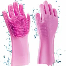 Silicone Scrubbing Gloves, Non-Slip, Dishwashing and Pet Grooming, Magic Latex Gloves for Household Cleaning Great for Protecting Hands in Dish Washing (Pink) Wet and Dry Glove Set-12