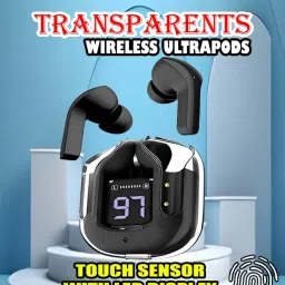 crecro Ultrapod Bluetooth Earbuds Headset Crystal Transparent Design,LED Display P66 Smart Headphones-image-73