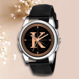 Fancy Design Stylish ALPHABET K Dial Black Leather Strap Men Wrist Watch Analog Watch - For Men ALPHABET K Design Letter K Style ALPHA-K-J16-SIL-BLK-SFR-image-103
