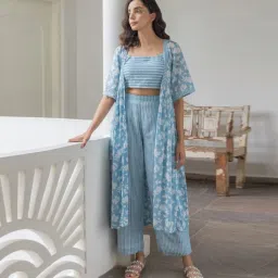 Women Cotton Blend Crop Top Palazzo Ethnic Jacket Set-image-5