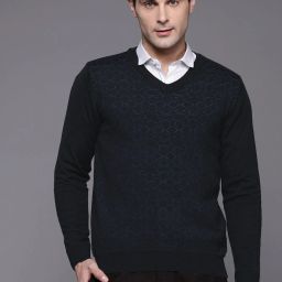 Men Solid V Neck Dark Blue Sweater-image-75