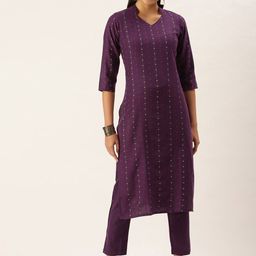 HRITIKA Striped Woven Design Thread Work Mandarin Collar Straight Kurta With Trouser-image-23