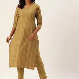 Saanjh Yellow Striped Straight Kurta with Trousers-image-80