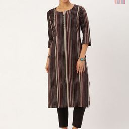 KALINI Selection Of 2 Striped Printed Notch Neck Straight Kurta With Trousers-picture-20