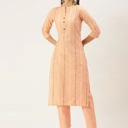 KALINI Woven Design Mandarin Collar Straight Kurta with Trousers-picture-31