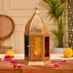 Metal Tabletop Dia Lamp | Multicolor Glass Decorative Lantern Gold Brass, Glass Table Lantern-image-67