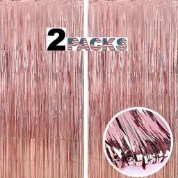 Solid 2pcs 3ft x 8.3ft Rose Gold Metallic Tinsel Foil Fringe Curtains Photo Booth Props for Birthday Wedding Engagement Bridal Shower Baby Shower Bachelorette Holiday Celebration Party Decorations Balloon-image-79