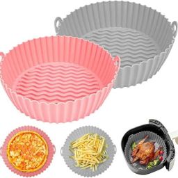 2 Pcs Round Silicon Reusable, Non-stick Pink and Gray Airfryer Tray-image-33