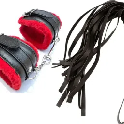 Party Premium Valentine TOY Handcuffs & Flogger set (RED & BLACK)-19