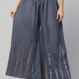 Women Flared Grey Viscose Rayon Trousers-image-28