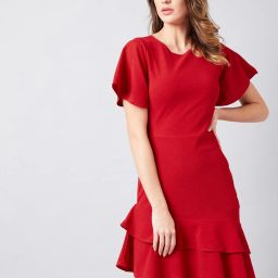 Women Fit and Flare Red Knee Length Dress-image-69