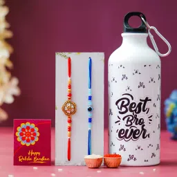 Designer Rakhi Gift Set For Brother Combo With Roli Chawal Greeting Card- SIP-3-C16-C18 Mauli Thread Bottle, Rakhi, Greeting Card, Chawal Roli Pack Set-image-55
