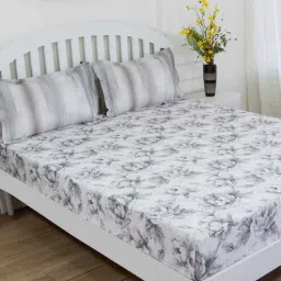 Grey Floral 144 TC Cotton Queen Sized Bed Sheets with 2 Pillow Covers by GM Fabrics-picture-10