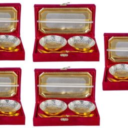 SMILES GIFT German Gold Brass Round Bowl Sets with Tray and Spoon with Royal Luxury Velvet Box Packing And Carry Bag Used for Dry Fruit, Sweets and Home Décor (Set Of 5 piece) Bowl Serving Set-image-3