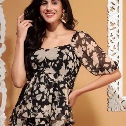Party Balloon Sleeve Printed Women Black Top-image-39