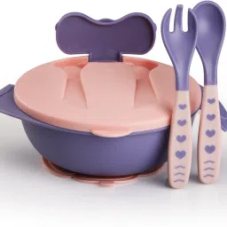 Baby Feeding Bowl with Lid, Suction Cup, Spoon & Fork Set,- Plastic + Silicone-31